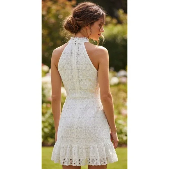 DESIGNER AQUA WHITE LACE HALTER NECKLINE RUFFLE HEM SLEEVELESS DRESS SIZE LARGE - Picture 8 of 16